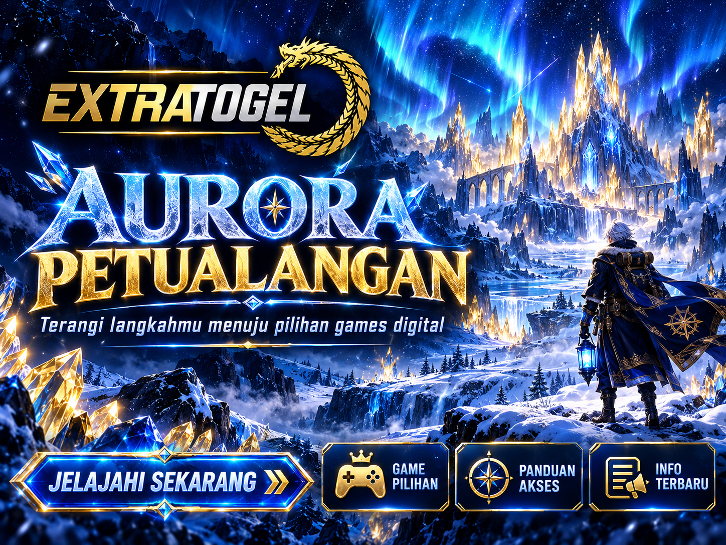Banner EXTRATOGEL dengan desain superhero berarmor biru dan aksen emas